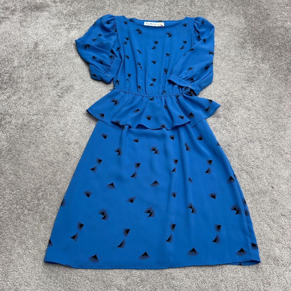 Vintage 80s John Richard California Peplum A-Line Midi Dress Womens 5/6 Blue Fan